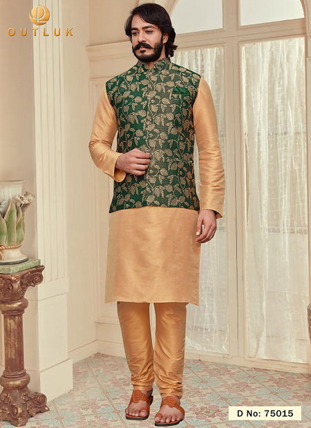 Golden And Green Colour Outluk Vol 75 Latest Designer Festive Wear Kurta Pajama With Jacket Collection 75015